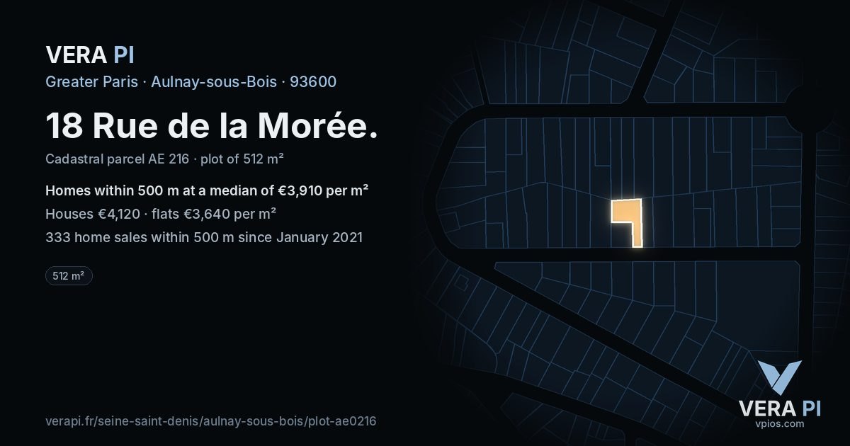 18 Rue de la Morée, Aulnay-sous-Bois at night – the plot lit, the parcels around coloured by the prices near them