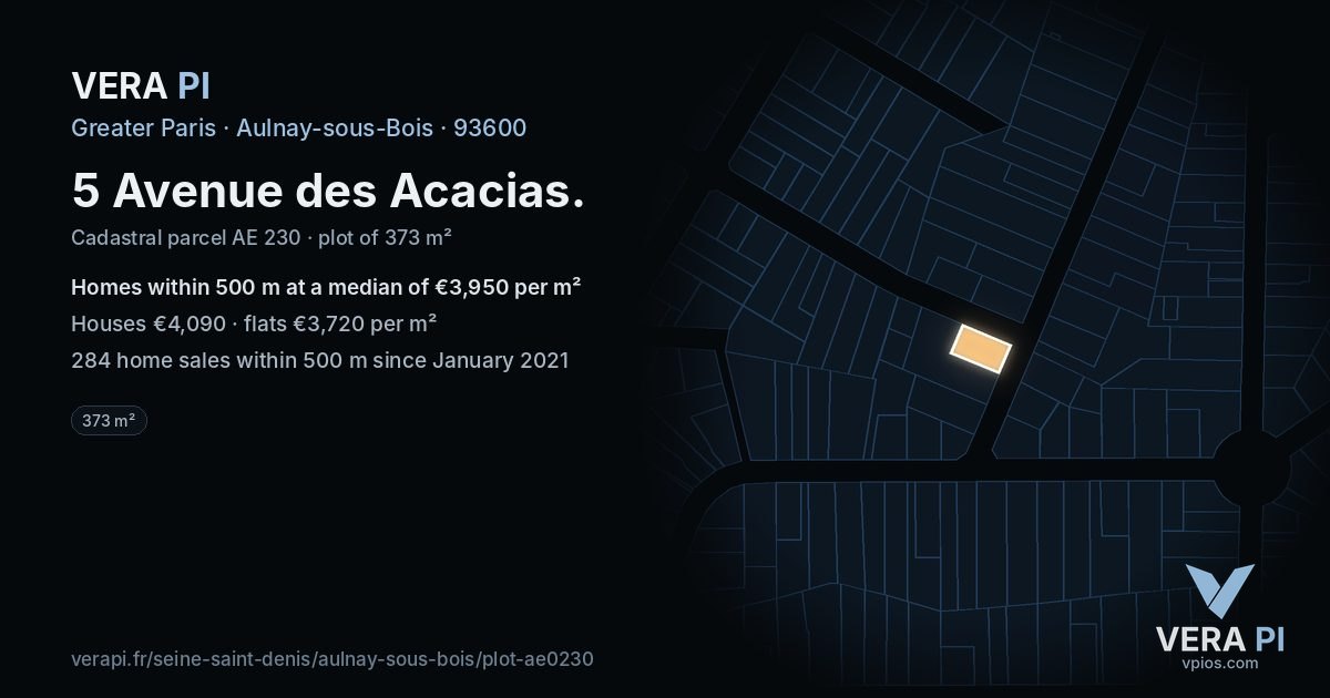 5 Avenue des Acacias, Aulnay-sous-Bois at night – the plot lit, the parcels around coloured by the prices near them