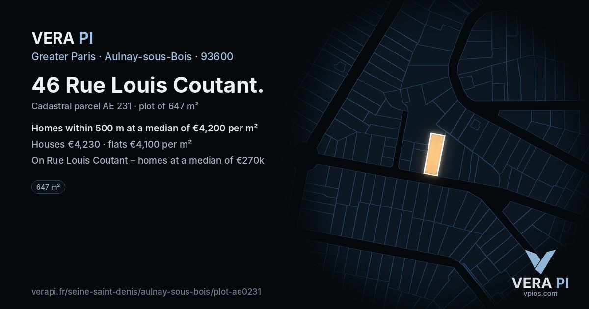 46 Rue Louis Coutant, Aulnay-sous-Bois at night – the plot lit, the parcels around coloured by the prices near them