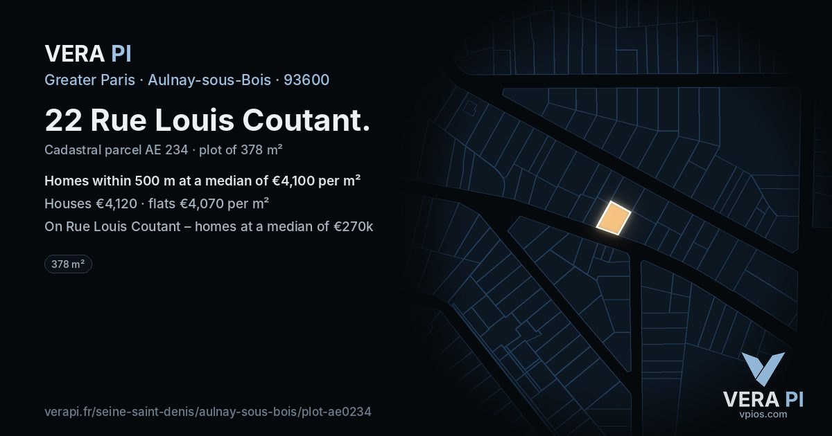 22 Rue Louis Coutant, Aulnay-sous-Bois at night – the plot lit, the parcels around coloured by the prices near them