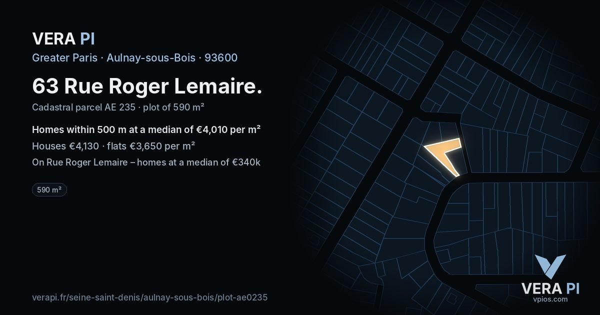63 Rue Roger Lemaire, Aulnay-sous-Bois at night – the plot lit, the parcels around coloured by the prices near them