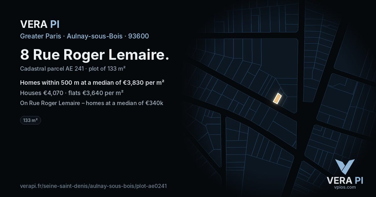 8 Rue Roger Lemaire, Aulnay-sous-Bois at night – the plot lit, the parcels around coloured by the prices near them