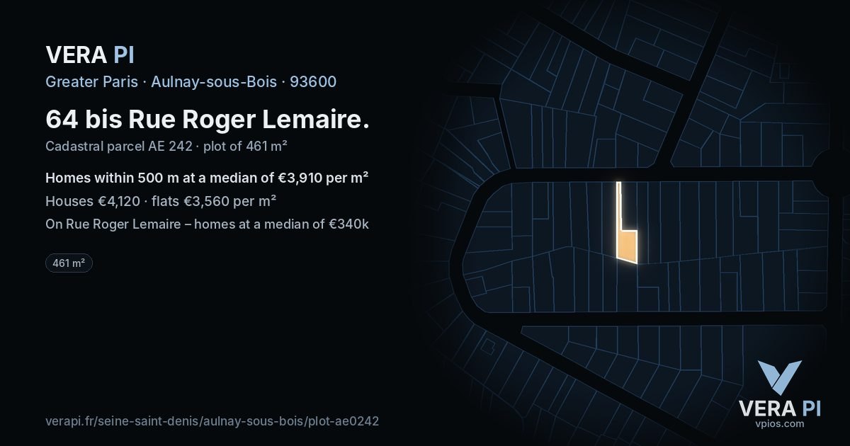 64 bis Rue Roger Lemaire, Aulnay-sous-Bois at night – the plot lit, the parcels around coloured by the prices near them