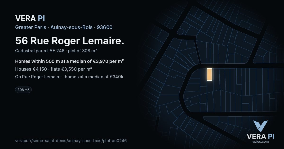 56 Rue Roger Lemaire, Aulnay-sous-Bois at night – the plot lit, the parcels around coloured by the prices near them