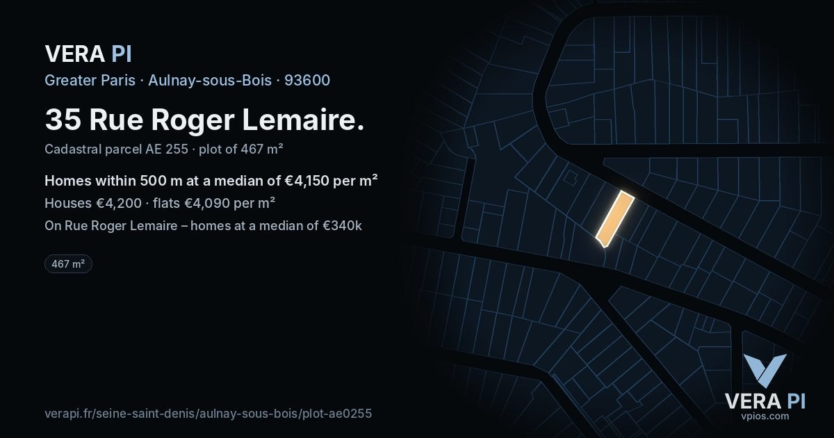 35 Rue Roger Lemaire, Aulnay-sous-Bois at night – the plot lit, the parcels around coloured by the prices near them
