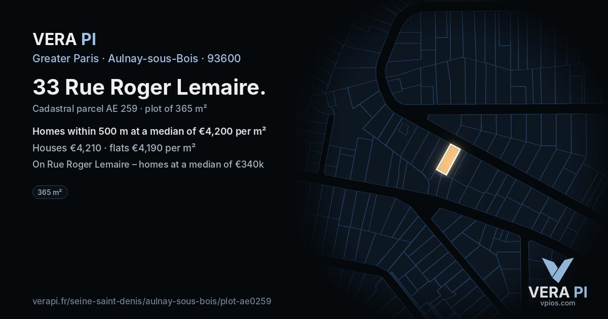 33 Rue Roger Lemaire, Aulnay-sous-Bois at night – the plot lit, the parcels around coloured by the prices near them