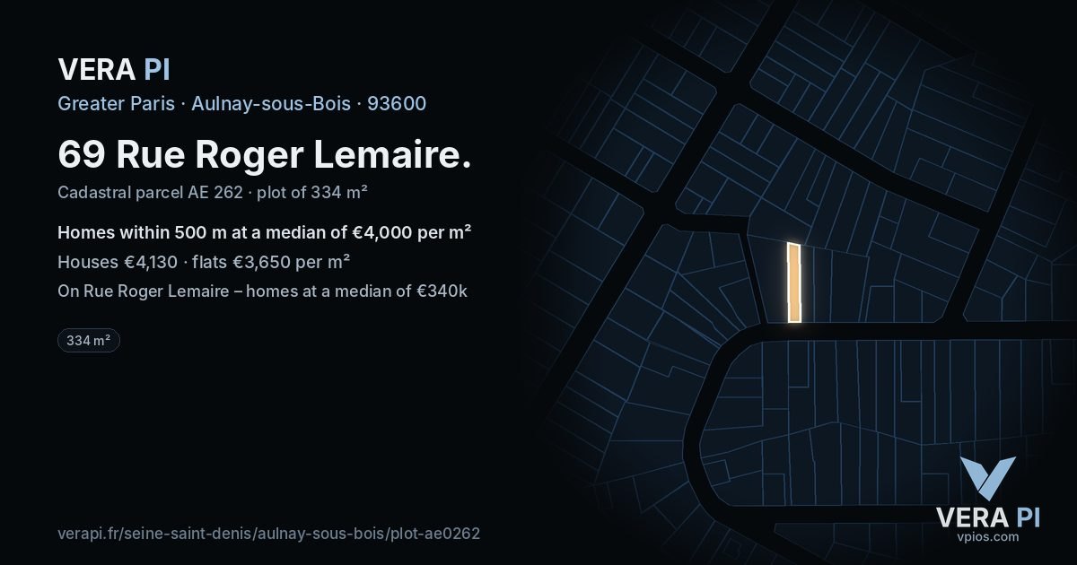 69 Rue Roger Lemaire, Aulnay-sous-Bois at night – the plot lit, the parcels around coloured by the prices near them