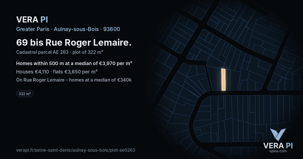 69 bis Rue Roger Lemaire, Aulnay-sous-Bois at night – the plot lit, the parcels around coloured by the prices near them