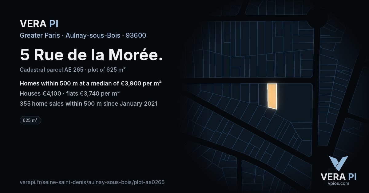 5 Rue de la Morée, Aulnay-sous-Bois at night – the plot lit, the parcels around coloured by the prices near them