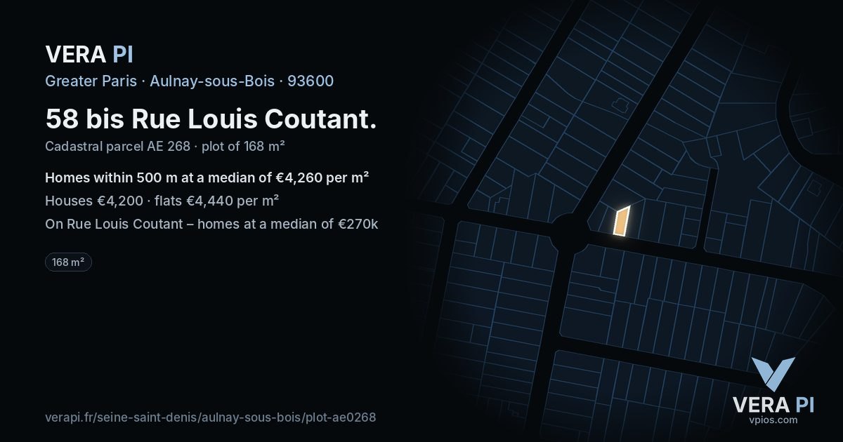 58 bis Rue Louis Coutant, Aulnay-sous-Bois at night – the plot lit, the parcels around coloured by the prices near them