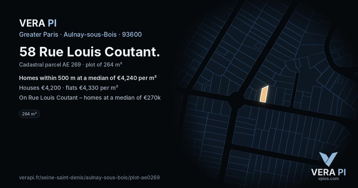 58 Rue Louis Coutant, Aulnay-sous-Bois at night – the plot lit, the parcels around coloured by the prices near them