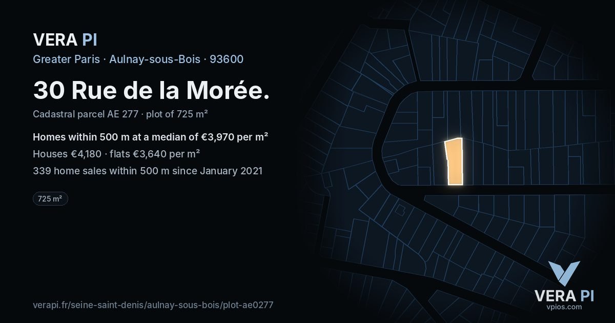30 Rue de la Morée, Aulnay-sous-Bois at night – the plot lit, the parcels around coloured by the prices near them