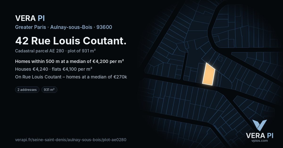 42 Rue Louis Coutant, Aulnay-sous-Bois at night – the plot lit, the parcels around coloured by the prices near them