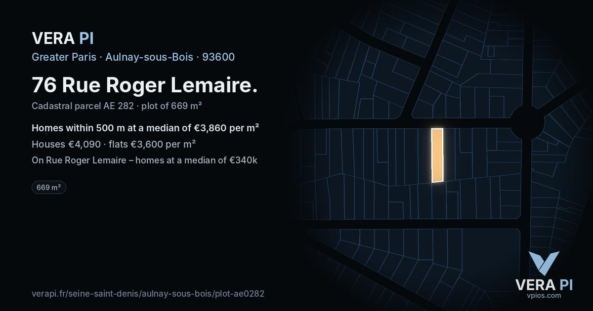 76 Rue Roger Lemaire, Aulnay-sous-Bois at night – the plot lit, the parcels around coloured by the prices near them