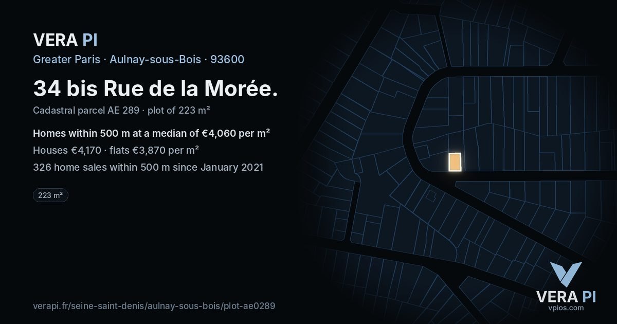 34 bis Rue de la Morée, Aulnay-sous-Bois at night – the plot lit, the parcels around coloured by the prices near them