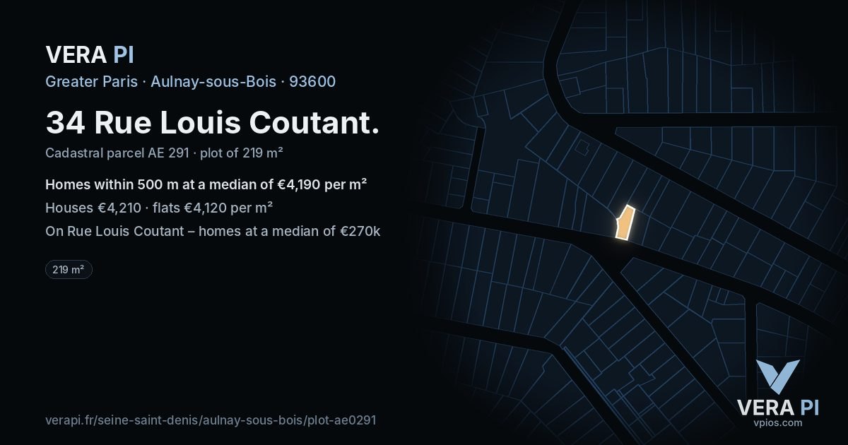 34 Rue Louis Coutant, Aulnay-sous-Bois at night – the plot lit, the parcels around coloured by the prices near them