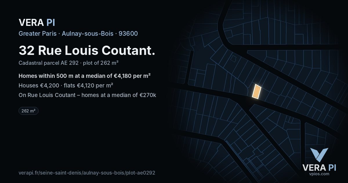 32 Rue Louis Coutant, Aulnay-sous-Bois at night – the plot lit, the parcels around coloured by the prices near them