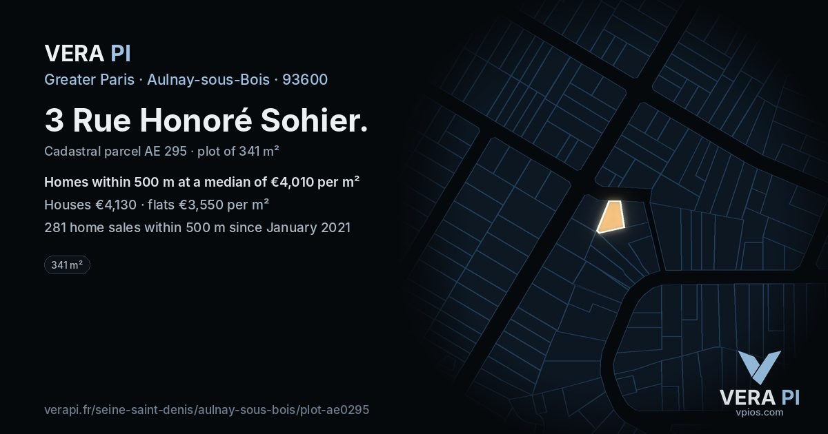 3 Rue Honoré Sohier, Aulnay-sous-Bois at night – the plot lit, the parcels around coloured by the prices near them