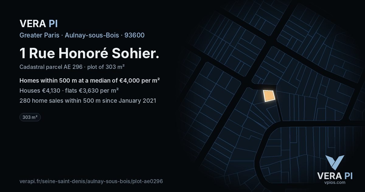 1 Rue Honoré Sohier, Aulnay-sous-Bois at night – the plot lit, the parcels around coloured by the prices near them