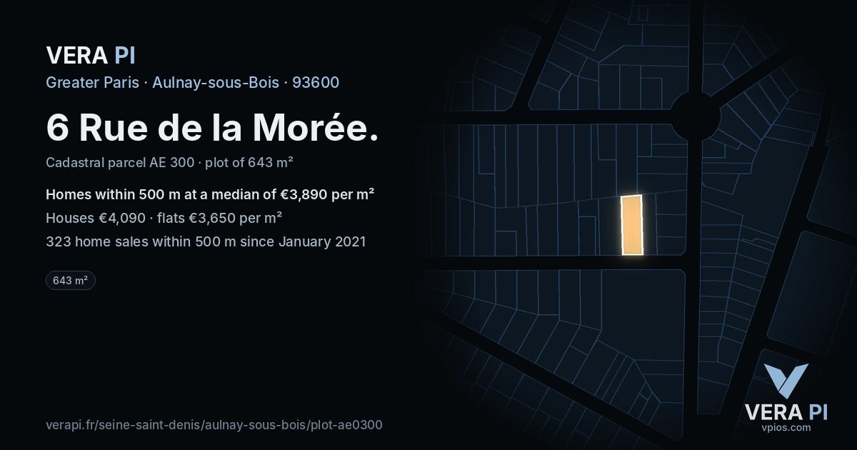 6 Rue de la Morée, Aulnay-sous-Bois at night – the plot lit, the parcels around coloured by the prices near them