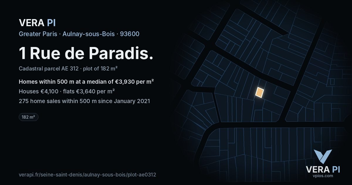 1 Rue de Paradis, Aulnay-sous-Bois at night – the plot lit, the parcels around coloured by the prices near them