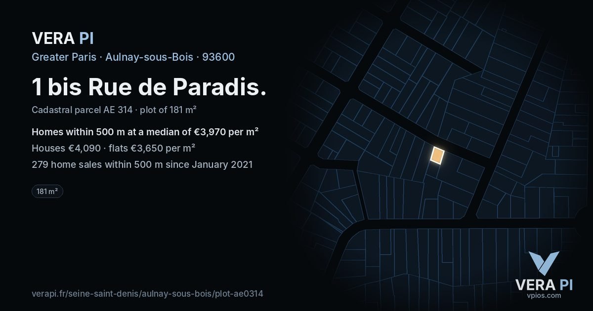 1 bis Rue de Paradis, Aulnay-sous-Bois at night – the plot lit, the parcels around coloured by the prices near them