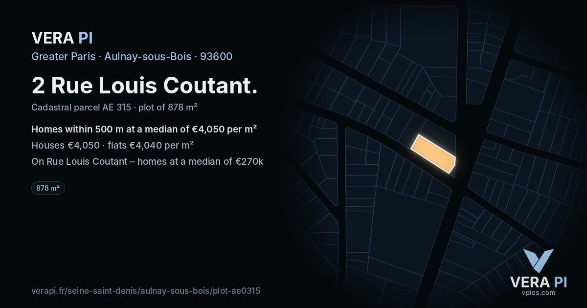 2 Rue Louis Coutant, Aulnay-sous-Bois at night – the plot lit, the parcels around coloured by the prices near them
