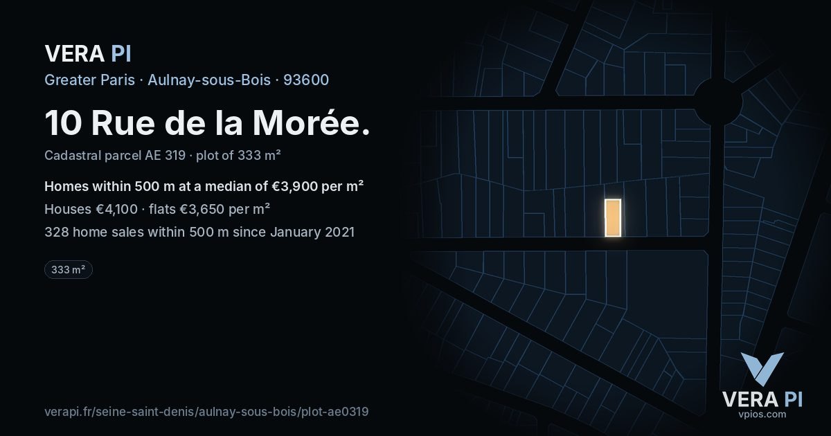 10 Rue de la Morée, Aulnay-sous-Bois at night – the plot lit, the parcels around coloured by the prices near them