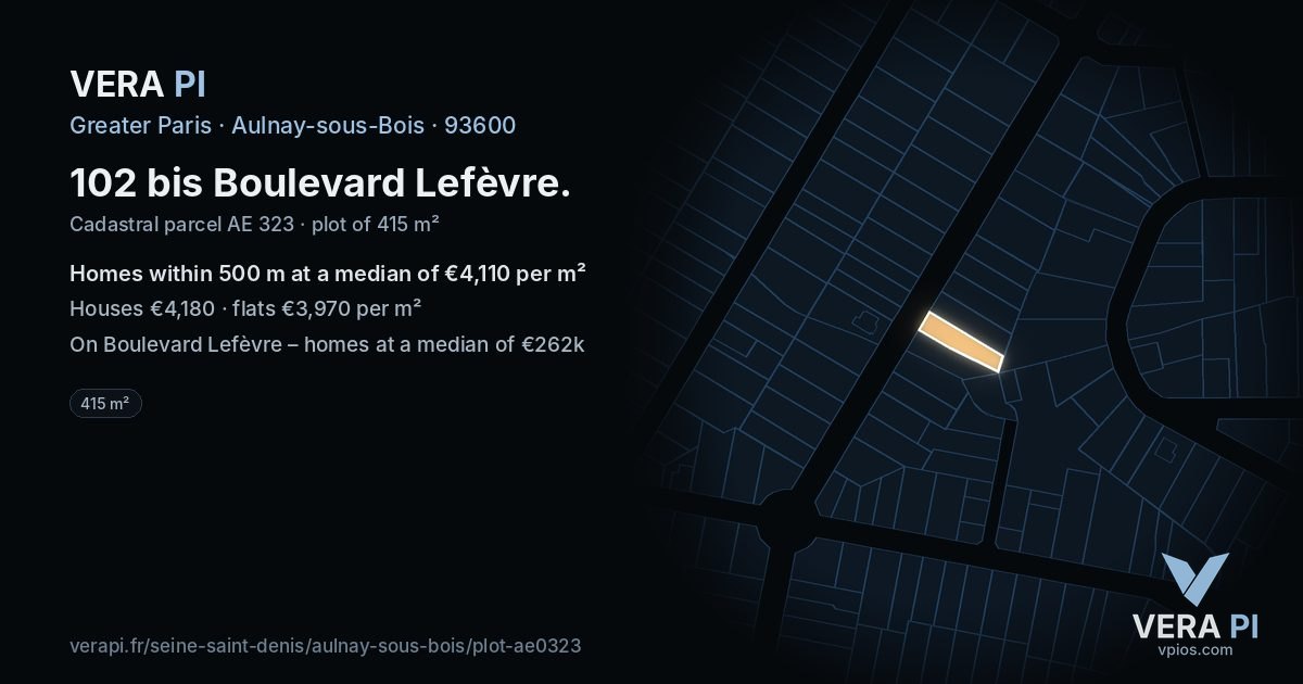 102 bis Boulevard Lefèvre, Aulnay-sous-Bois at night – the plot lit, the parcels around coloured by the prices near them