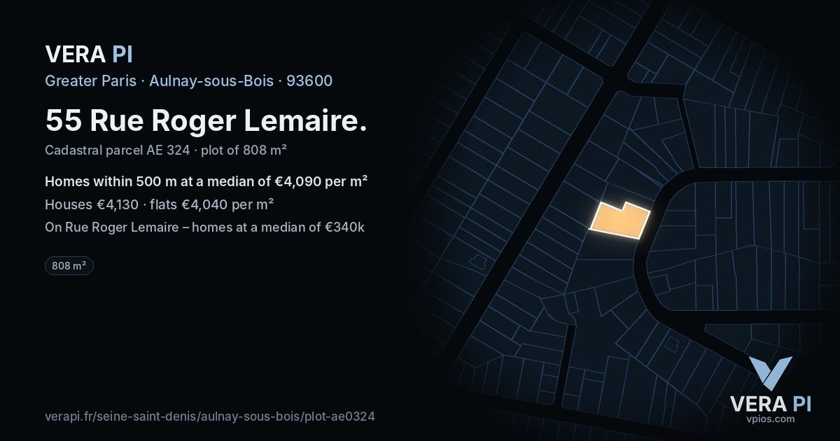 55 Rue Roger Lemaire, Aulnay-sous-Bois at night – the plot lit, the parcels around coloured by the prices near them