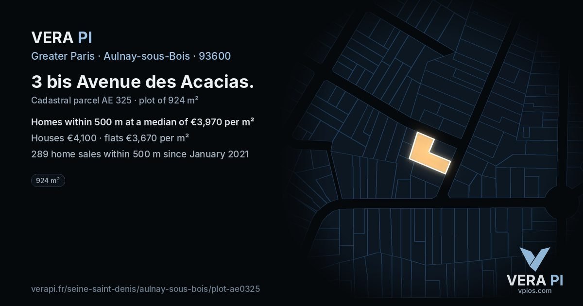 3 bis Avenue des Acacias, Aulnay-sous-Bois at night – the plot lit, the parcels around coloured by the prices near them