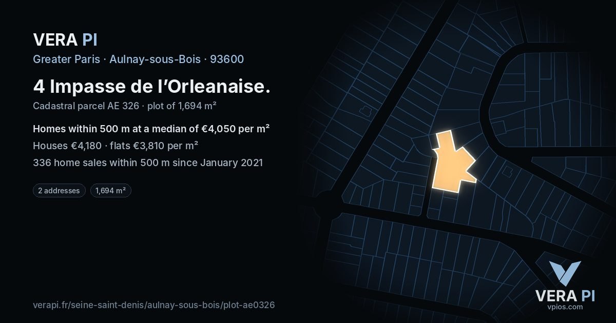 4 Impasse de l’Orleanaise, Aulnay-sous-Bois at night – the plot lit, the parcels around coloured by the prices near them