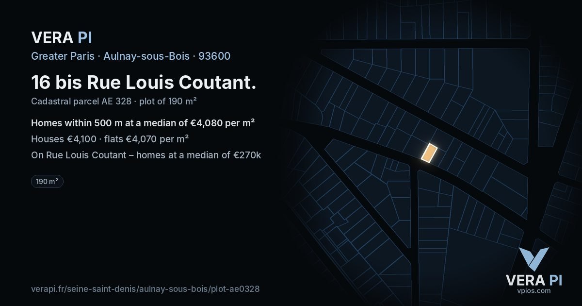 16 bis Rue Louis Coutant, Aulnay-sous-Bois at night – the plot lit, the parcels around coloured by the prices near them