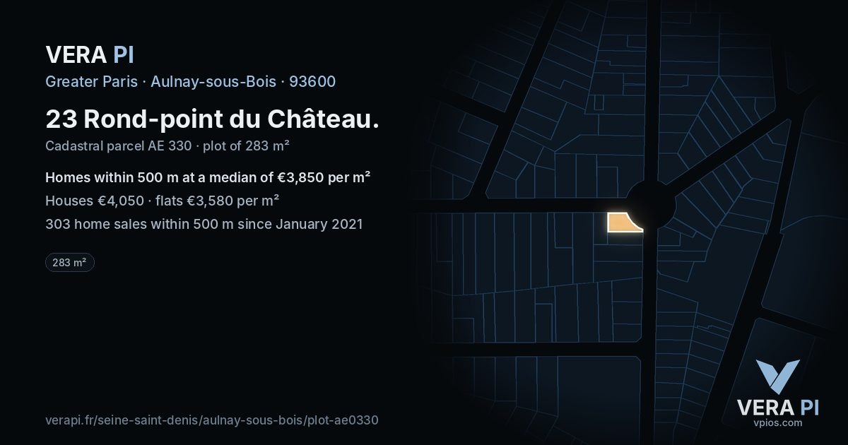 23 Rond-point du Château, Aulnay-sous-Bois at night – the plot lit, the parcels around coloured by the prices near them