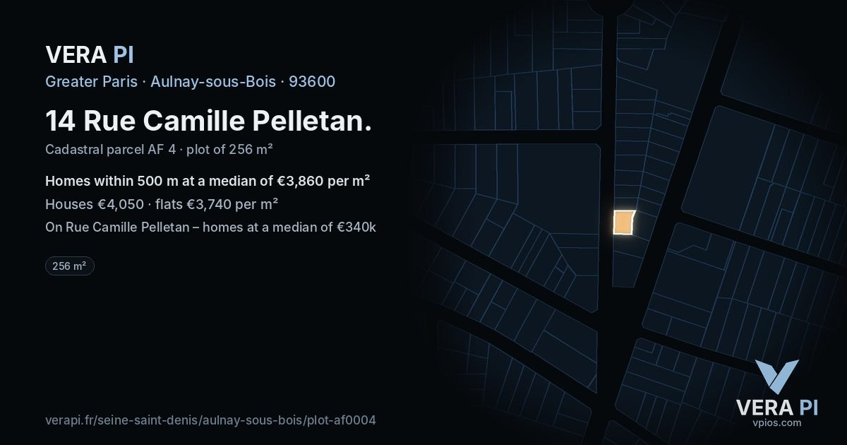 14 Rue Camille Pelletan, Aulnay-sous-Bois at night – the plot lit, the parcels around coloured by the prices near them