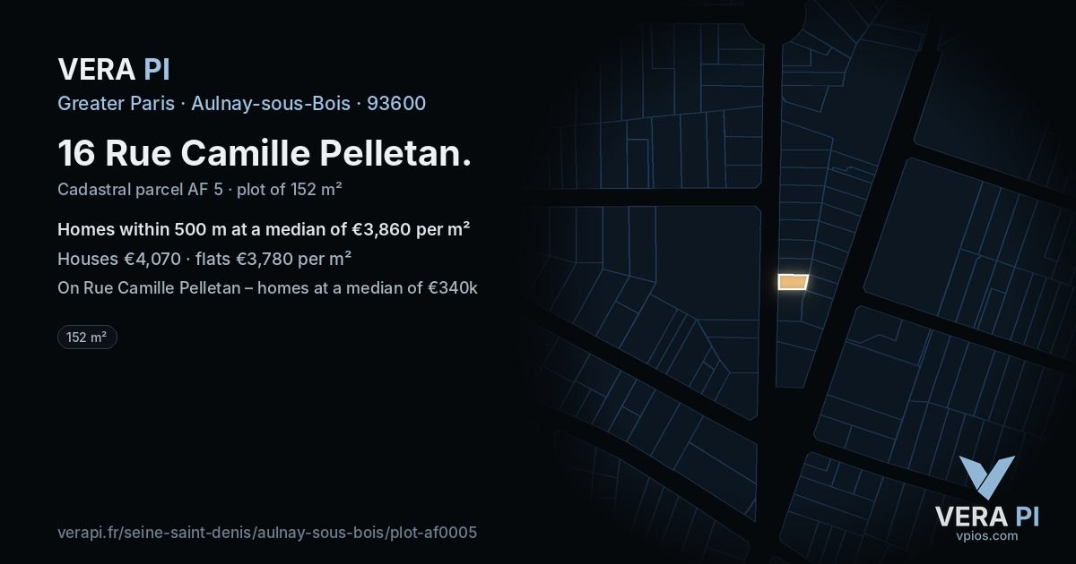 16 Rue Camille Pelletan, Aulnay-sous-Bois at night – the plot lit, the parcels around coloured by the prices near them