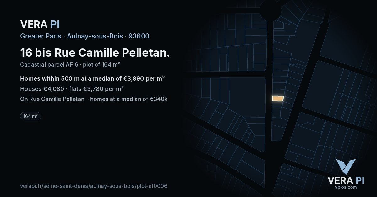 16 bis Rue Camille Pelletan, Aulnay-sous-Bois at night – the plot lit, the parcels around coloured by the prices near them