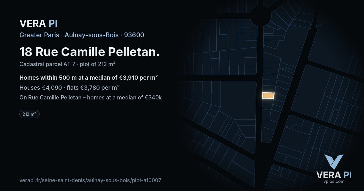 18 Rue Camille Pelletan, Aulnay-sous-Bois at night – the plot lit, the parcels around coloured by the prices near them
