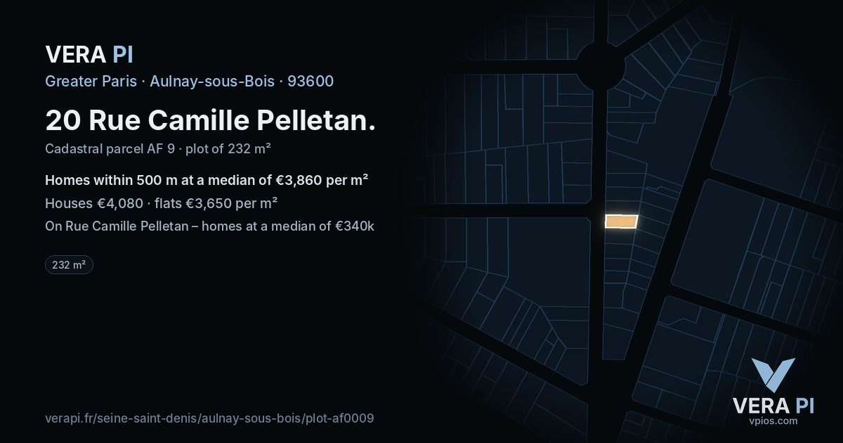 20 Rue Camille Pelletan, Aulnay-sous-Bois at night – the plot lit, the parcels around coloured by the prices near them