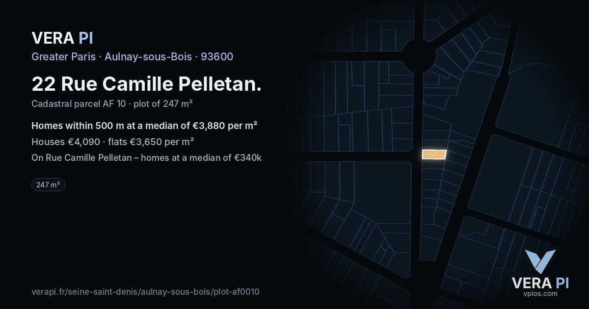 22 Rue Camille Pelletan, Aulnay-sous-Bois at night – the plot lit, the parcels around coloured by the prices near them