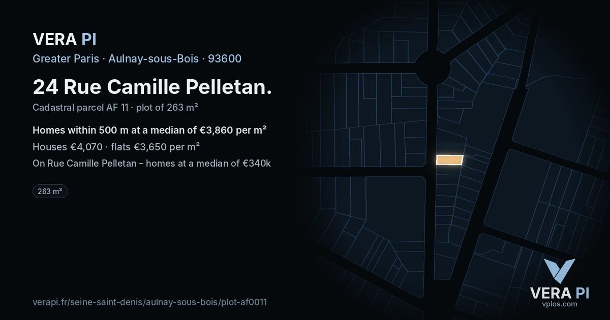 24 Rue Camille Pelletan, Aulnay-sous-Bois at night – the plot lit, the parcels around coloured by the prices near them