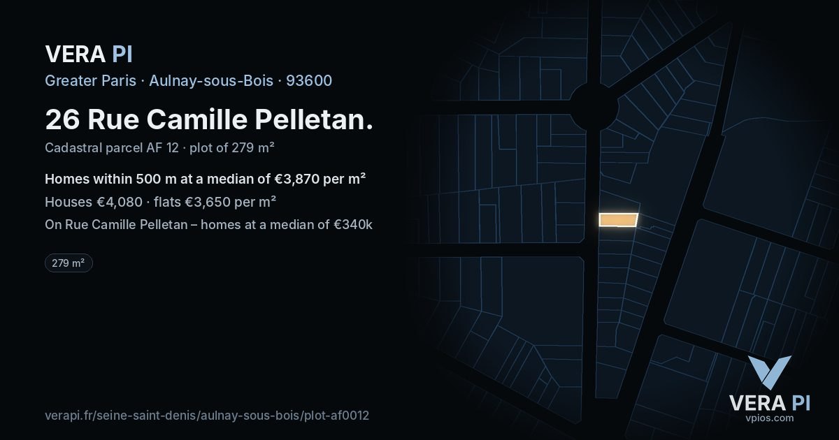 26 Rue Camille Pelletan, Aulnay-sous-Bois at night – the plot lit, the parcels around coloured by the prices near them