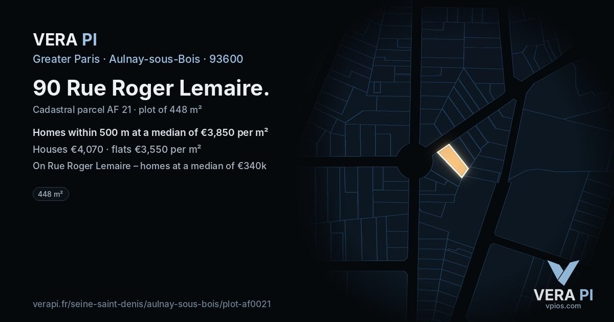 90 Rue Roger Lemaire, Aulnay-sous-Bois at night – the plot lit, the parcels around coloured by the prices near them