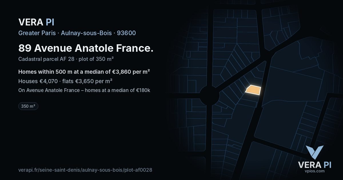 89 Avenue Anatole France, Aulnay-sous-Bois at night – the plot lit, the parcels around coloured by the prices near them