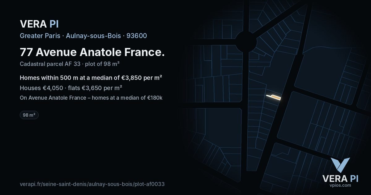 77 Avenue Anatole France, Aulnay-sous-Bois at night – the plot lit, the parcels around coloured by the prices near them