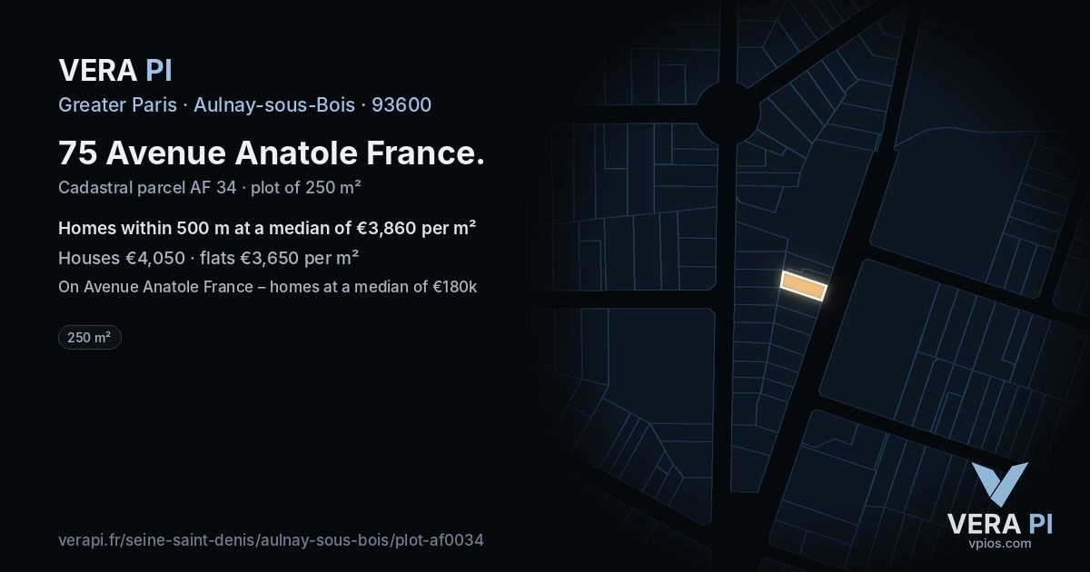 75 Avenue Anatole France, Aulnay-sous-Bois at night – the plot lit, the parcels around coloured by the prices near them