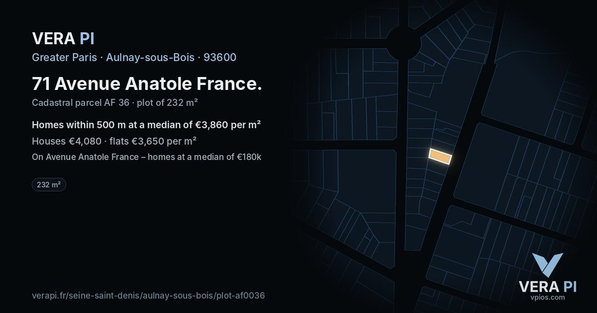 71 Avenue Anatole France, Aulnay-sous-Bois at night – the plot lit, the parcels around coloured by the prices near them