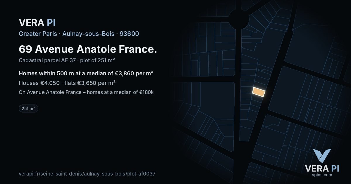 69 Avenue Anatole France, Aulnay-sous-Bois at night – the plot lit, the parcels around coloured by the prices near them