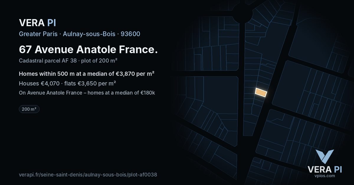 67 Avenue Anatole France, Aulnay-sous-Bois at night – the plot lit, the parcels around coloured by the prices near them