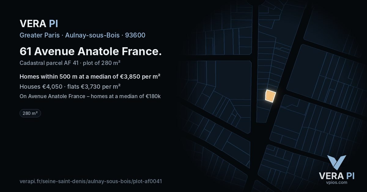 61 Avenue Anatole France, Aulnay-sous-Bois at night – the plot lit, the parcels around coloured by the prices near them